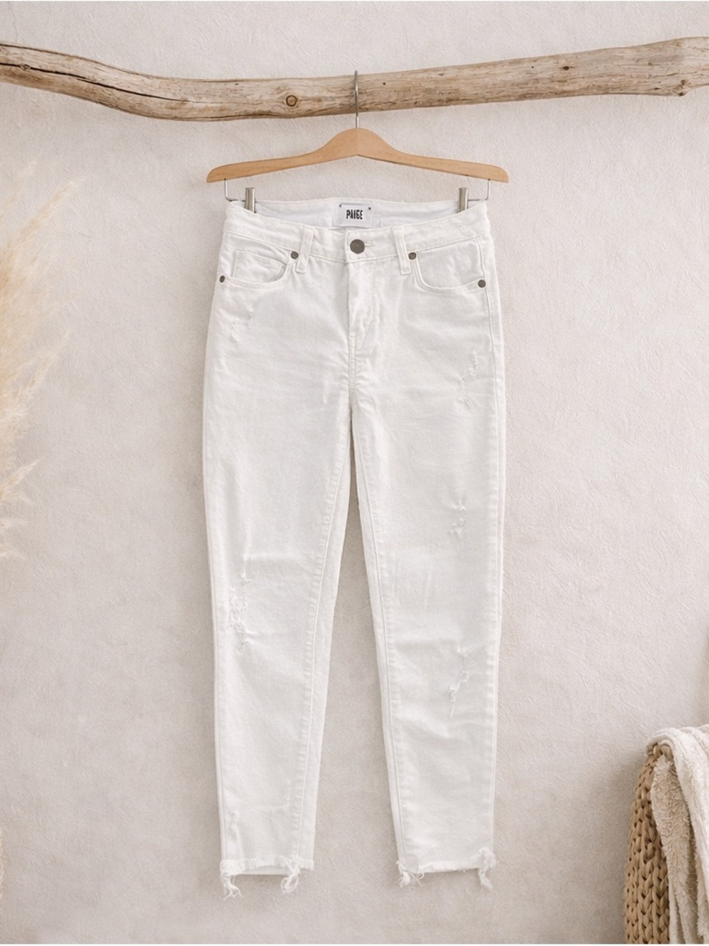 PAIGE Verdugo White Distressed Crop Skinny Jeans | Raw Hem | Size 28